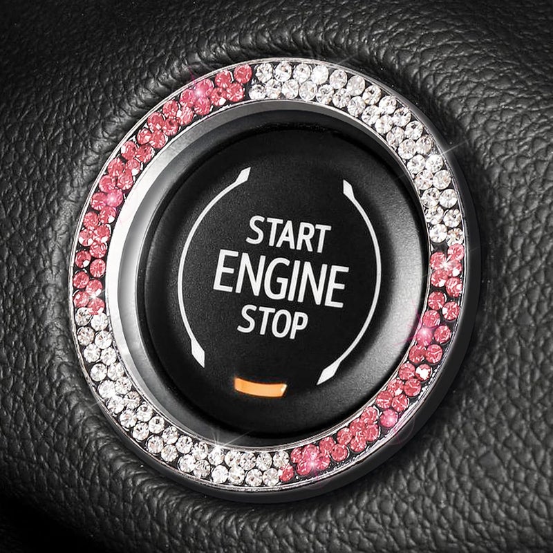 ToBeQueen White Pink Bling Push Start Button Cover Emblem Sticker, Crystal Diamond Rhinestone Push Start Ring Car Decor, Pink and White Bling Car Accessories - Image 1
